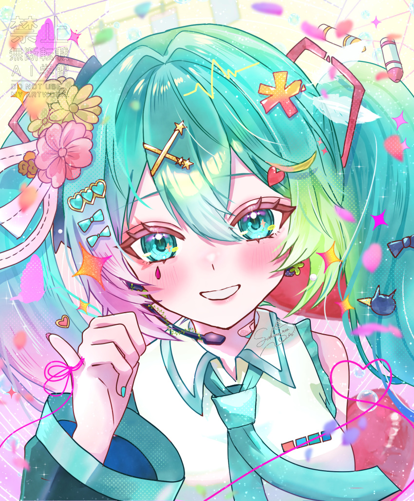 1girl, ai_kotoba_v_(vocaloid), aqua_eyes, aqua_hair, aqua_nails, aqua_necktie, aqua_trim, blush, collared_shirt, commentary, detached_sleeves, gradient_hair, green_hair, hair_between_eyes, hair_ornament, hatsune_miku, highres, long_hair, long_sleeves, looking_at_viewer, multicolored_hair, necktie, open_mouth, pink_hair, pink_nails, sakanoi_noa, shirt, sleeveless, sleeveless_shirt, smile, string, string_of_fate, twintails, very_long_hair, vocaloid, watermark, white_shirt, wide_sleeves