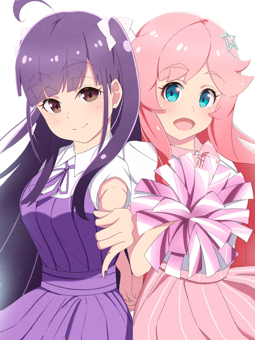 2girls, absurdres, ahoge, blue_eyes, blunt_bangs, bow, brown_eyes, chofu_noriko