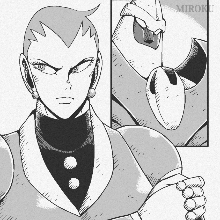 1990s_(style), 1girl, akiyama_tsubaki, commentary_request, earrings, getter_robo, getter_robo_daikessen!, getter_shiten, greyscale, ishikawa_ken_(style), jewelry, light_frown, mecha, mecha_focus, mecha_pilot_suit, miroku_(miroku_t), monochrome, official_style, portrait, retro_artstyle, robot, short_hair, sphere_earrings, super_robot, v-shaped_eyebrows, very_short_hair