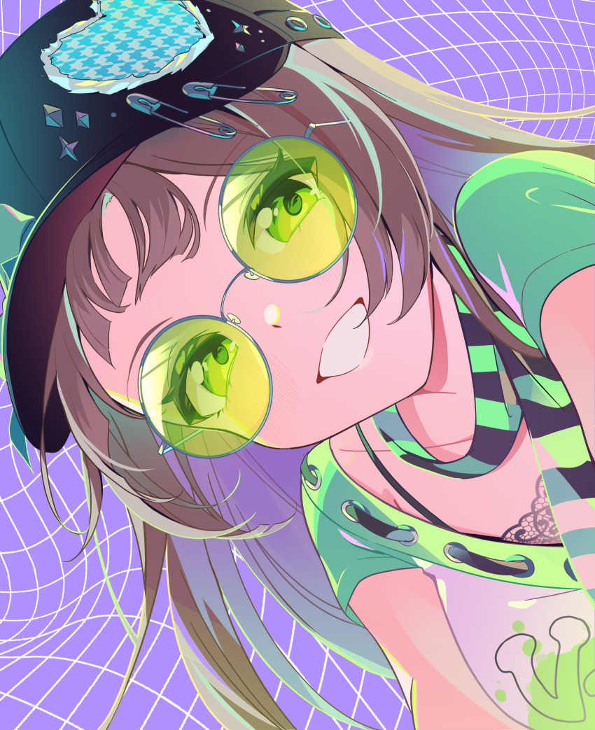 1girl, absurdres, baseball_cap, black_hat, blush, brown_hair, collarbone, commentary, glasses, green-framed_eyewear, green-tinted_eyewear, green_eyes, grin, hat, highres, korean_commentary, long_hair, looking_at_viewer, lovett35, purple_background, round_eyewear, scarf, shirt, short_sleeves, smile, solo, sunglasses, tinted_eyewear, upper_body, viichan, virtual_youtuber, waktaverse, yellow-tinted_eyewear
