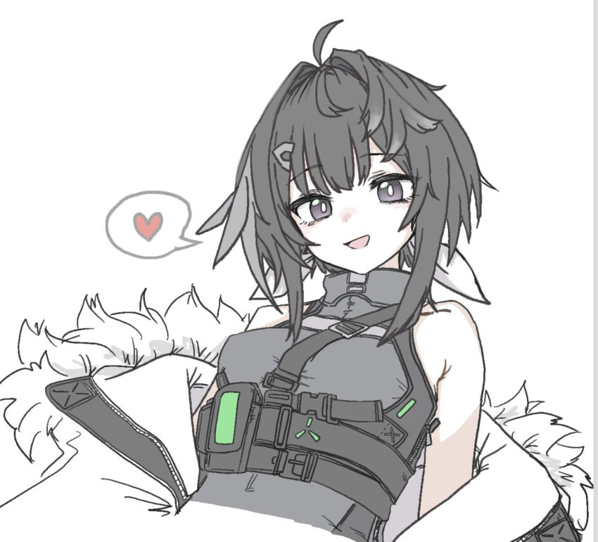 :d, arknights, bare_shoulders, belt, black_belt, black_hair, black_shirt, center-flap_bangs, chest_strap, fur-trimmed_jacket, fur_trim, grey_eyes, hair_intakes, hair_ornament, hairclip, head_tilt, heart, highres, jacket, la_pluma_(arknights), loving_aura, off-shoulder_jacket, off_shoulder, portrait, shirt, short_hair, sidelocks, sleeveless, sleeveless_shirt, smile, speech_bubble, sussurrobestmom, unkempt, upper_body, white_background, white_fur, white_jacket