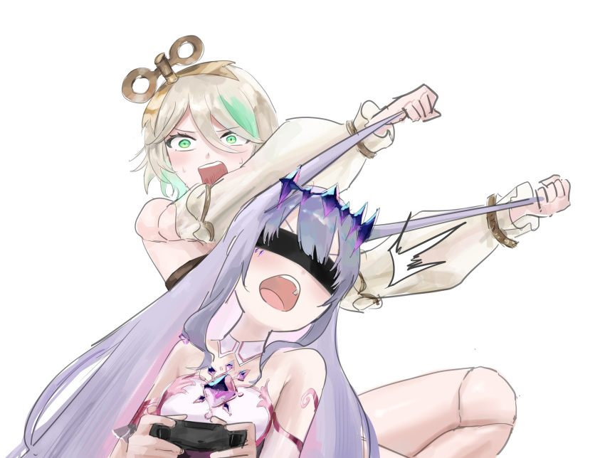 2girls, blindfold, cecilia_immergreen, cecilia_immergreen_(1st_costume), chest_jewel, controller, detached_collar, detached_sleeves, doll_joints, game_controller, grabbing_another's_hair, green_eyes, grey_hair, highres, holding, holding_another's_hair, holding_controller, holding_game_controller, hololive, hololive_english, joints, koseki_bijou, koseki_bijou_(1st_costume), long_hair, multiple_girls, nor_doto, playing_games, playing_video_games, virtual_youtuber, white_background, winding_key