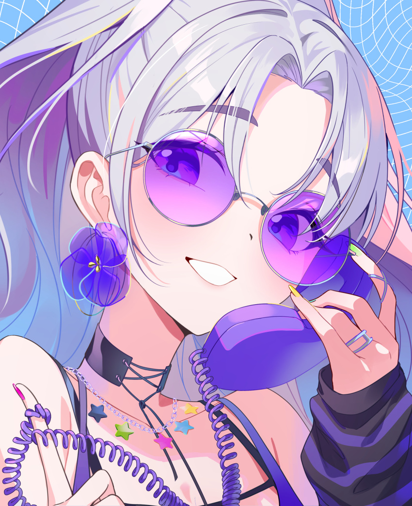 1girl, absurdres, antique_phone, bare_shoulders, black_choker, blue_background, choker, commentary