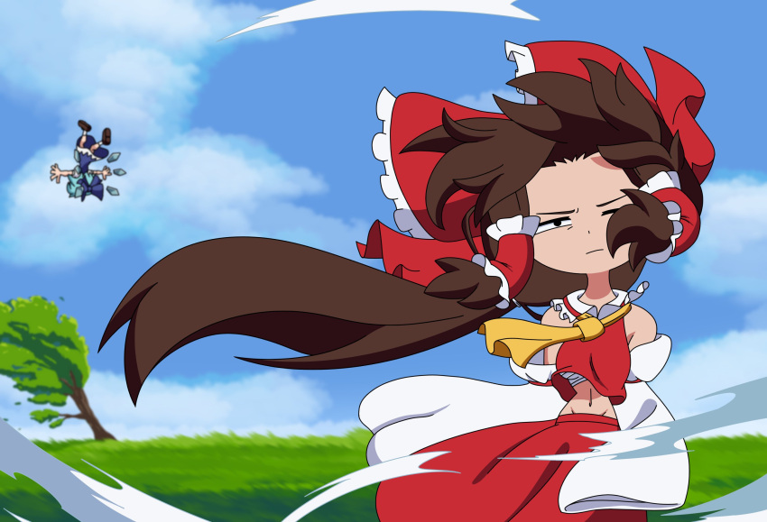 2girls, ascot, bare_shoulders, blown_away, blue_hair, blue_skirt, blue_sky, bow