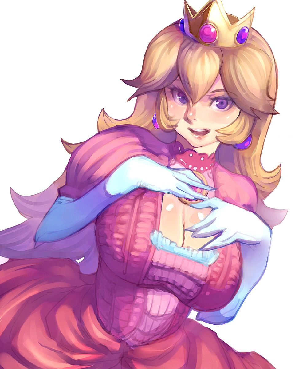 background, blue_eyes, blush, breasts, brooch, bros., cleavage, cleavage_cutout, crown, cutout, dress, earrings, elbow, elbow_gloves, gloves, highres, jewelry, large, large_breasts, long_hair, mario, metata, mouth, nintendo, open, open_mouth, princess, princess_peach, purple_eyes, smile, solo, super, super_mario_bros., white, white_background, white_gloves