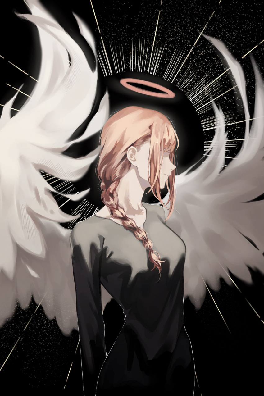 1girl, angel_wings, black_background, black_dress, braid, chainsaw_man, commentary, dress, english_commentary, halo, highres, looking_to_the_side, makima_(chainsaw_man), no_eyes, nyxespa, pink_halo, profile, red_hair, solo, upper_body, white_wings, wings