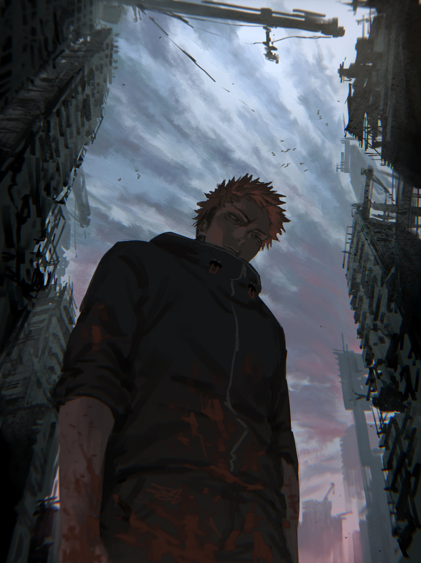 1boy, absurdres, bh20647, black_hair, black_jacket, blood, blood_on_clothes, blood_on_hands