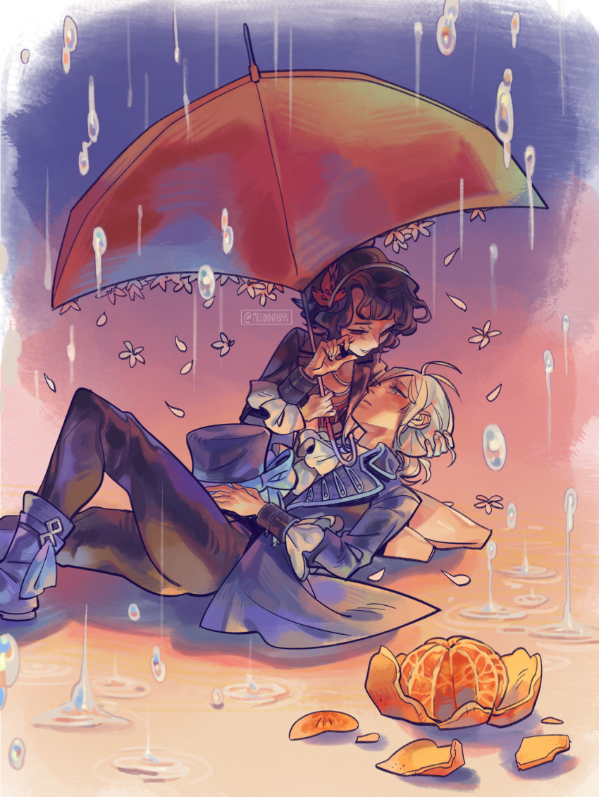 2girls, ascot, black_hair, black_pants, blue_boots, blue_bow, blue_coat, blue_hat