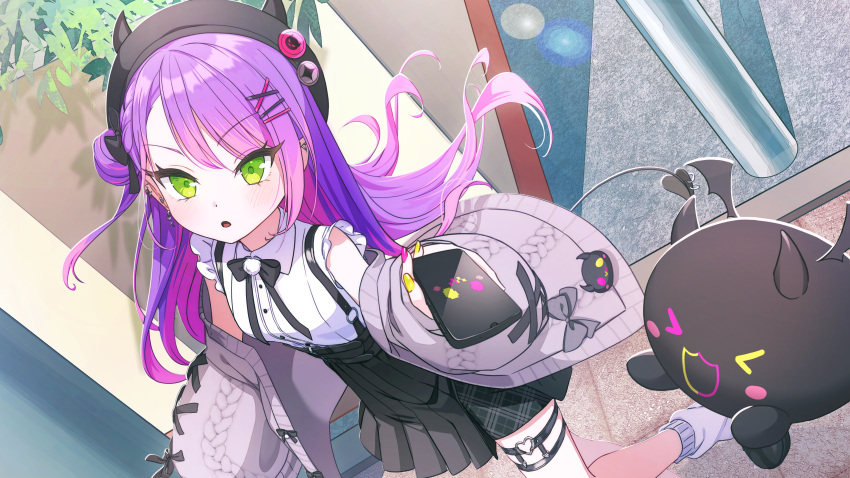 1girl, :o, absurdres, aran_sweater, beret, bibi_(tokoyami_towa), black_bow, black_bowtie