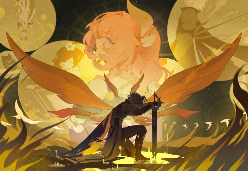 1boy, abstract_background, absurdres, aglaea_(honkai:_star_rail), ahoge, bird, blood, blood_on_ground, blue_eyes, chinese_commentary, commentary_request, cyrene_(honkai:_star_rail), cyrene_(philia093)_(honkai:_star_rail), dogebot, from_side, hair_ornament, highres, holding, holding_sword, holding_weapon, honkai:_star_rail, honkai_(series), kneeling, male_focus, mydei_(honkai:_star_rail), phainon_(honkai:_star_rail), pink_hair, shade, sword, too_many, too_many_birds, tribbie_(honkai:_star_rail), wavy_hair, weapon, wings, yellow_background, yellow_blood