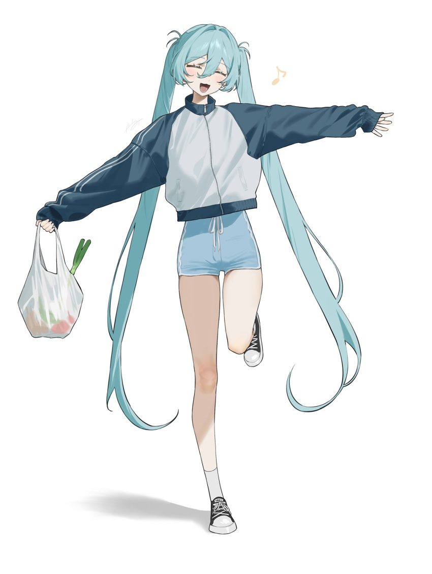 1girl, :3, arms_up, bag, commentary_request, full_body, hakai_orz, hatsune_miku