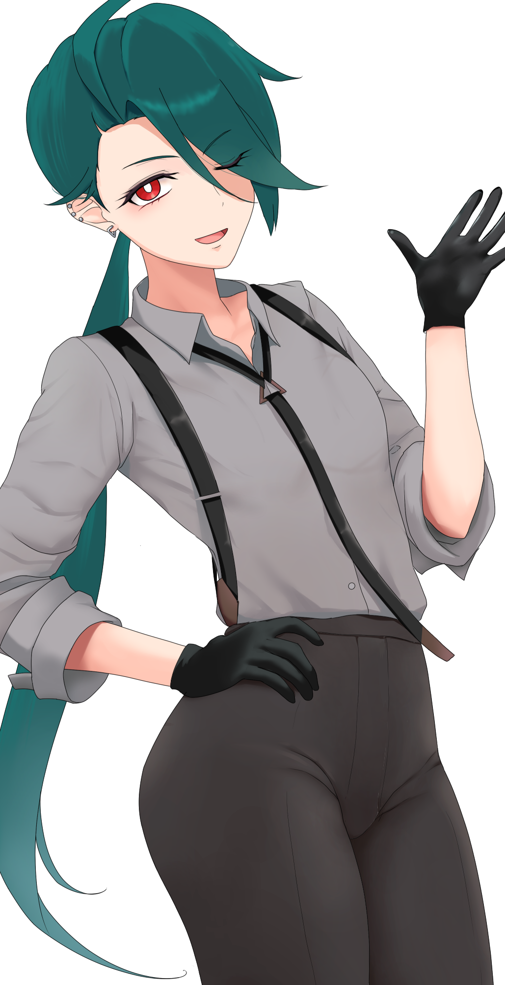 1girl, ;d, black_gloves, black_necktie, black_pants, black_suspenders, bright_pupils, collared_shirt, commentary_request, earrings, gloves, green_hair, grey_shirt, hand_on_own_hip, hand_up, highres, jewelry, long_hair, necktie, one_eye_closed, open_mouth, otohukebonne, pants, pokemon, pokemon_sv, ponytail, red_eyes, rika_(pokemon), shirt, simple_background, smile, solo, suspenders, white_background, white_pupils
