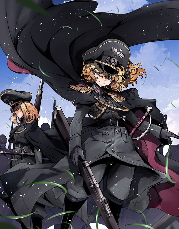 2girls, belt, blonde_hair, boots, brown_hair, cape, collar_tabs, epaulettes