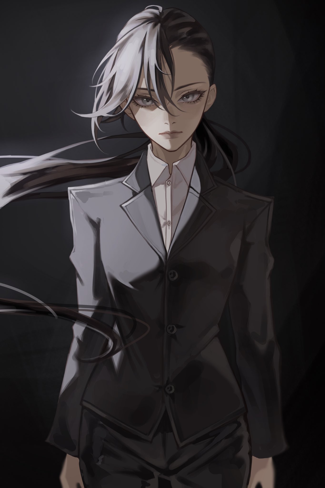1girl, akutagawa_gin, black_background, black_hair, black_jacket, black_pants, black_theme, bungou_stray_dogs, commentary, cowboy_shot, english_commentary, floating_hair, formal_clothes, grey_background, grey_eyes, highres, jacket, looking_at_viewer, low_ponytail, nyxespa, pants, ponytail, shirt, solo, white_shirt