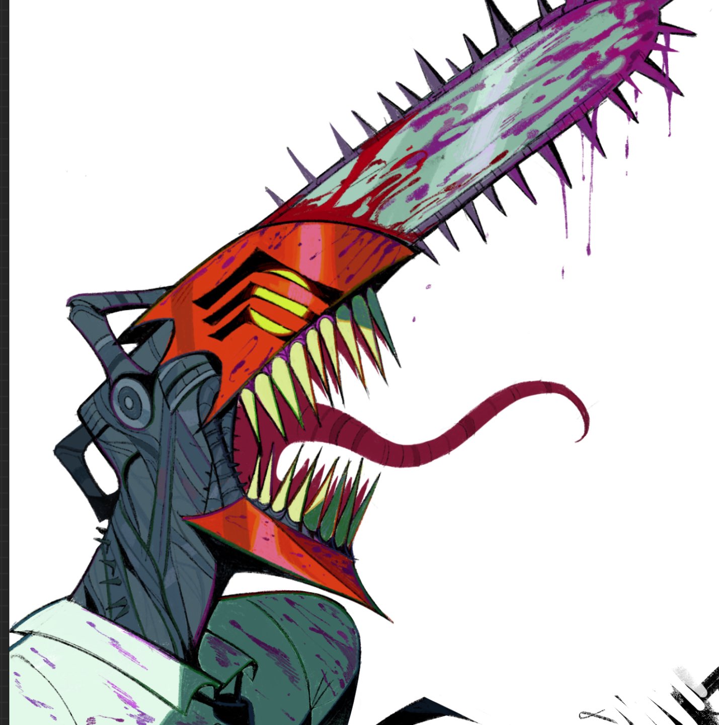 1boy, black_necktie, blood, blood_drip, blood_on_clothes, chainsaw, chainsaw_man, collared_shirt