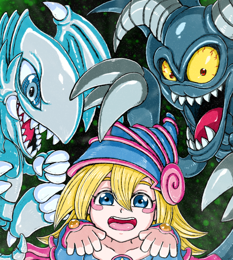 1girl, 2others, black_skin, blonde_hair, bloodshot_eyes, blue-eyes_toon_dragon, blue-eyes_white_dragon, blue_eyes