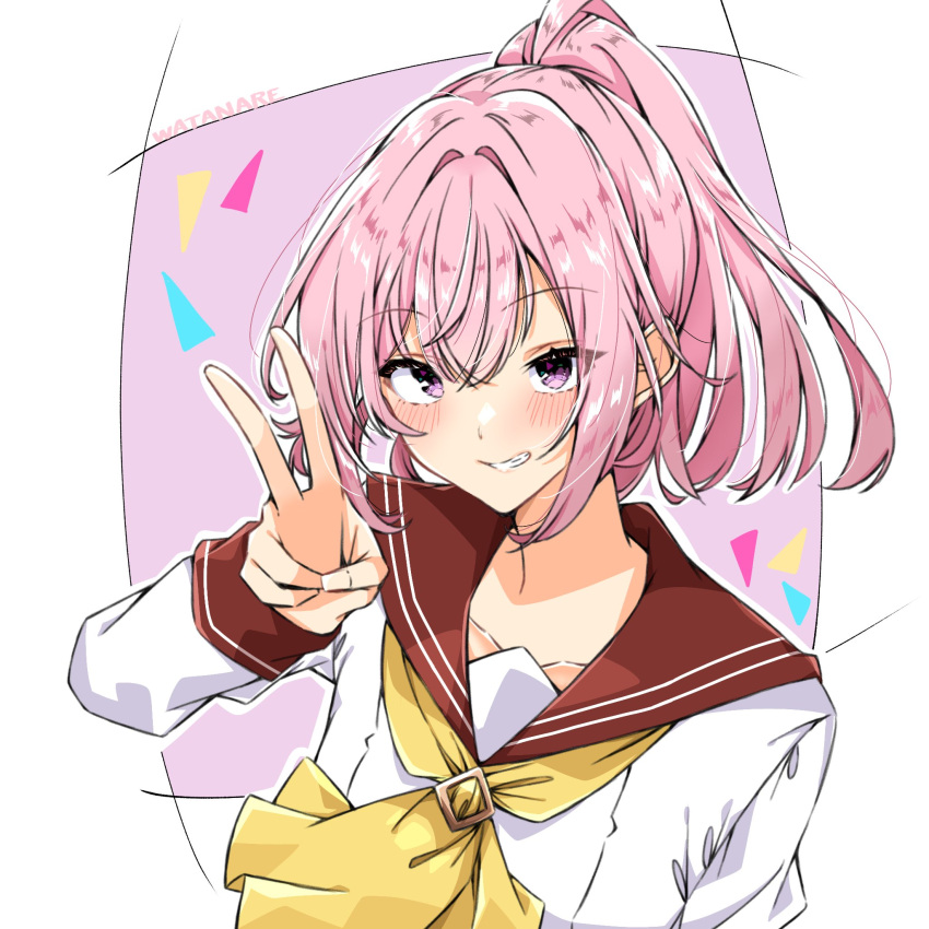 1girl, amaori_haruna, blush, border, brown_sailor_collar, collarbone, commentary_request, copyright_name
