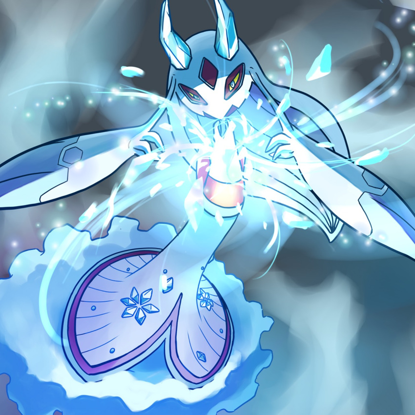 back_bow, blue_eyes, bow, colored_sclera, colored_skin, commentary_request, dress, froslass, highres, horns, ice, ice_crystal, ice_horns, mega_froslass, mega_pokemon, pokemon, pokemon_(creature), pokemon_focus, pokemon_legends:_z-a, purple_skin, sazandora600, white_dress, yellow_sclera