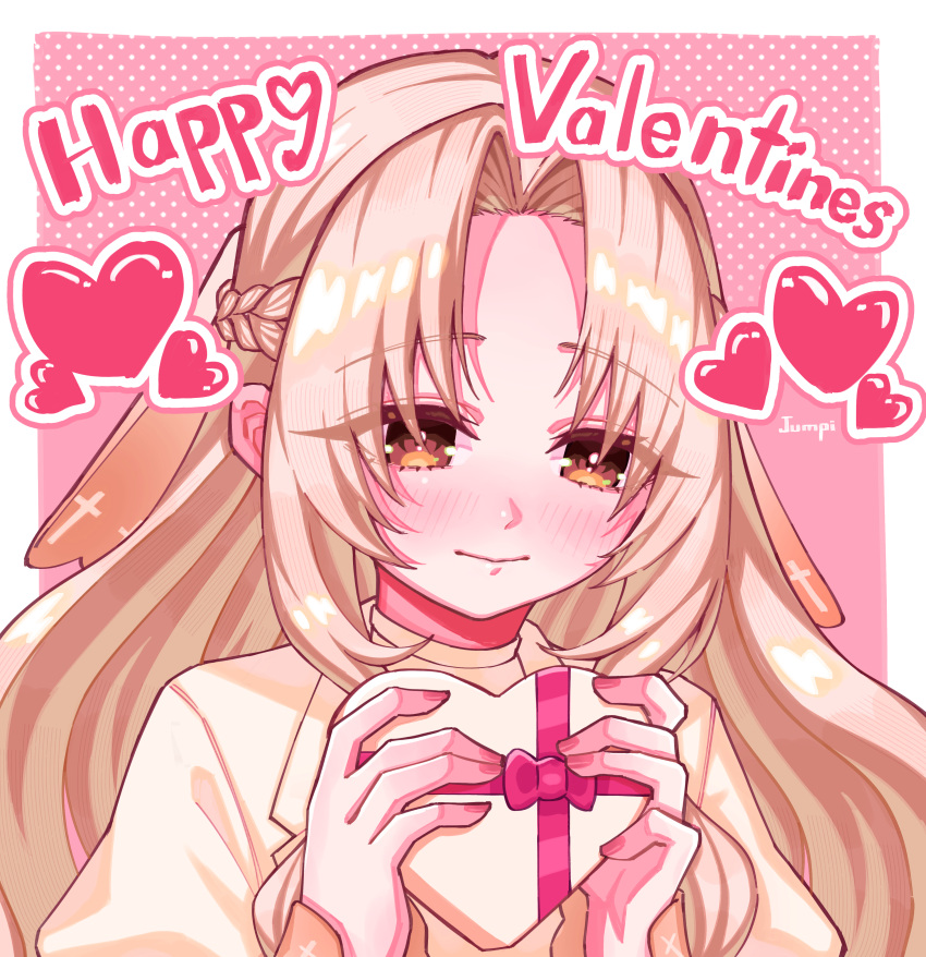 1girl, absurdres, artist_name, blonde_hair, blush, box, braid, brown_eyes