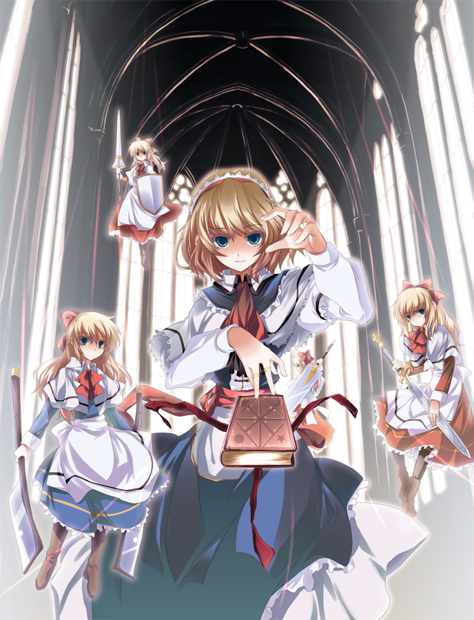 alice_margatroid, ascot, axe, blonde_hair, blue_eyes, blush, book, boots