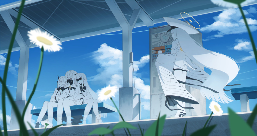 4girls, absurdres, blindfold, blue_archive, blue_sky, closed_eyes, clouds, colored_skin