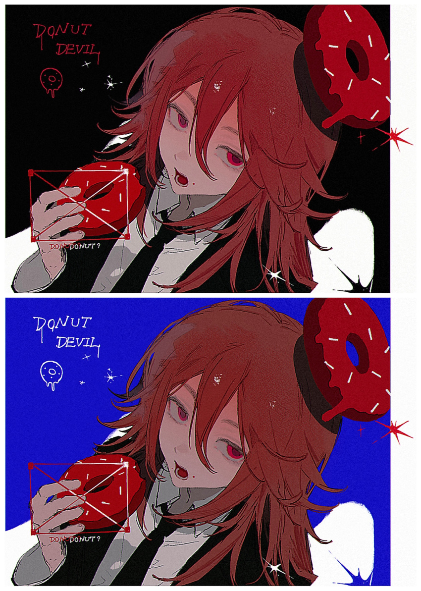 1boy, absurdres, angel_devil_(chainsaw_man), chainsaw_man, dessert, donut_halo, food, hair_between_eyes, halo, highres, holding, holding_food, imminent_bite, imminent_eating, long_hair, long_sleeves, looking_at_viewer, male_focus, mole, mole_under_mouth, open_mouth, red_eyes, red_hair, red_halo, sidelocks, solo, white_wings, wings, xue_ding_kuangquan