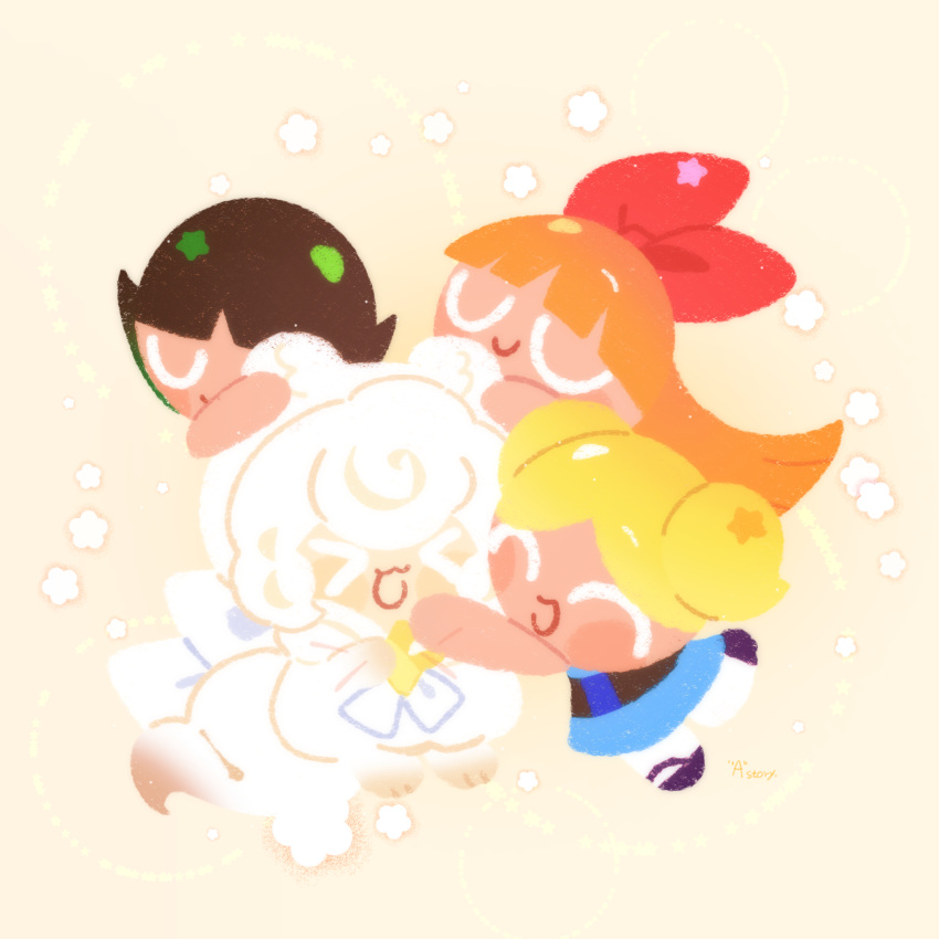 >_<, 1other, 3girls, animal_ears, black_hair, blonde_hair, blossom_cookie, blue_dress