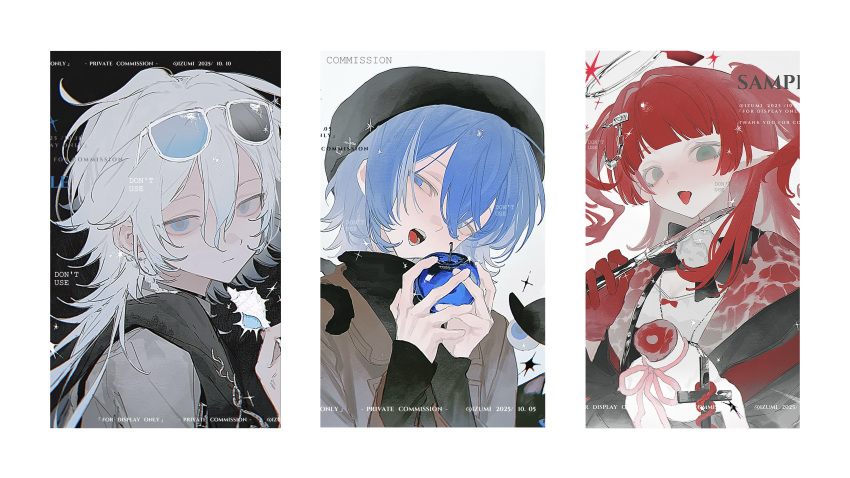 1boy, 2girls, absurdres, apple, beret, blue_apple, blue_eyes, blue_hair