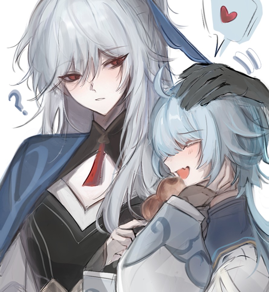 2girls, ?, ^_^, ahoge, black_gloves, blue_hair, character_request, closed_eyes, closed_mouth, english_commentary, fang, gloves, hand_on_another's_head, haruka_raphael, heart, honkai:_star_rail, honkai_(series), jingliu_(honkai:_star_rail), mixed-language_commentary, multiple_girls, no_blindfold, oc_x_canon, open_mouth, original, profile, red_eyes, speech_bubble, spoken_heart, teeth, upper_body, vietnamese_commentary, white_hair, yunxi_(haruka_raphael)