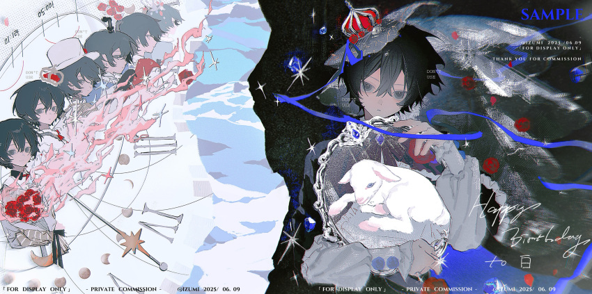 1boy, absurdres, animal, black_hair, blue_gem, blue_ribbon, bouquet, brooch