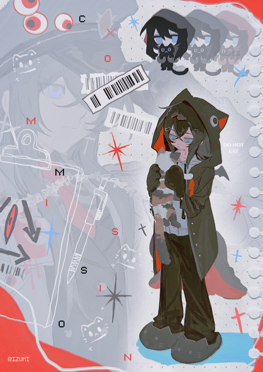 1boy, absurdres, animal, animal_hood, barcode, bat_wings, black_coat, black_gloves