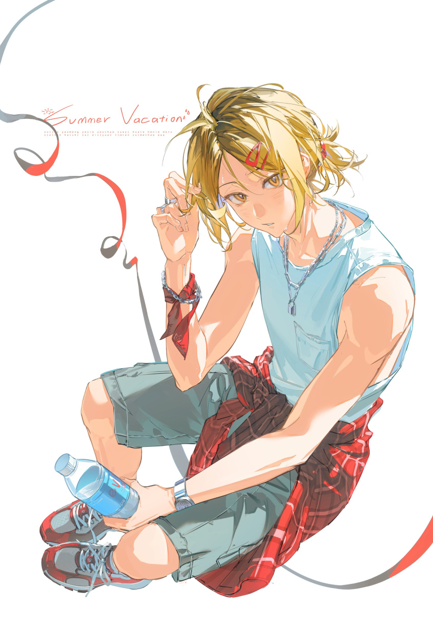 1boy, absurdres, baozaohuang, black_hair, blonde_hair, bottle, bracelet, brown_eyes