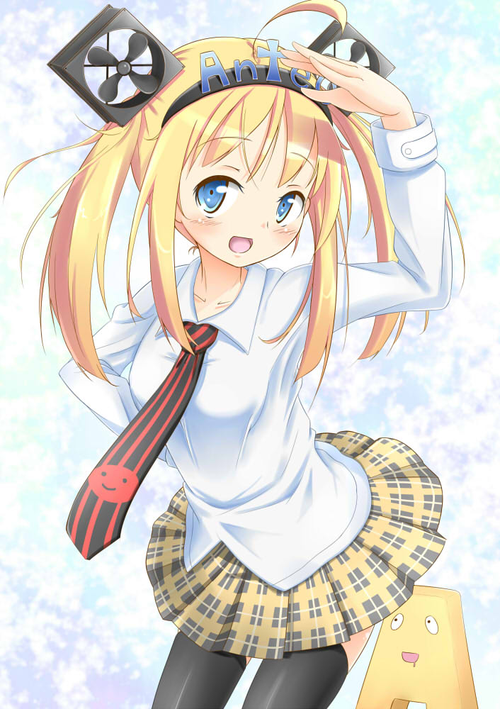 antec, antecco, antekkun, arm_up, bad_id, blonde_hair, blue_eyes, blush