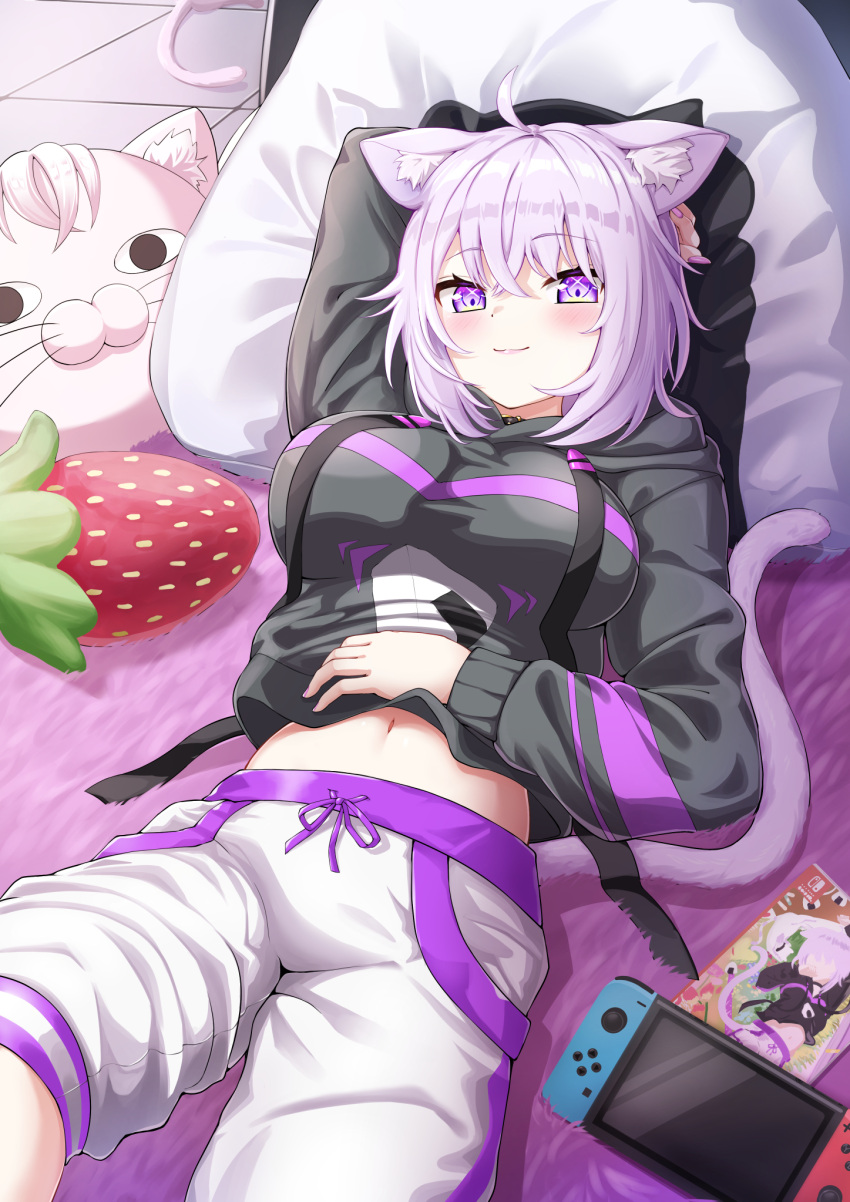 1girl, ahoge, animal_collar, animal_ear_fluff, animal_ears, arm_up, black_collar, black_hoodie