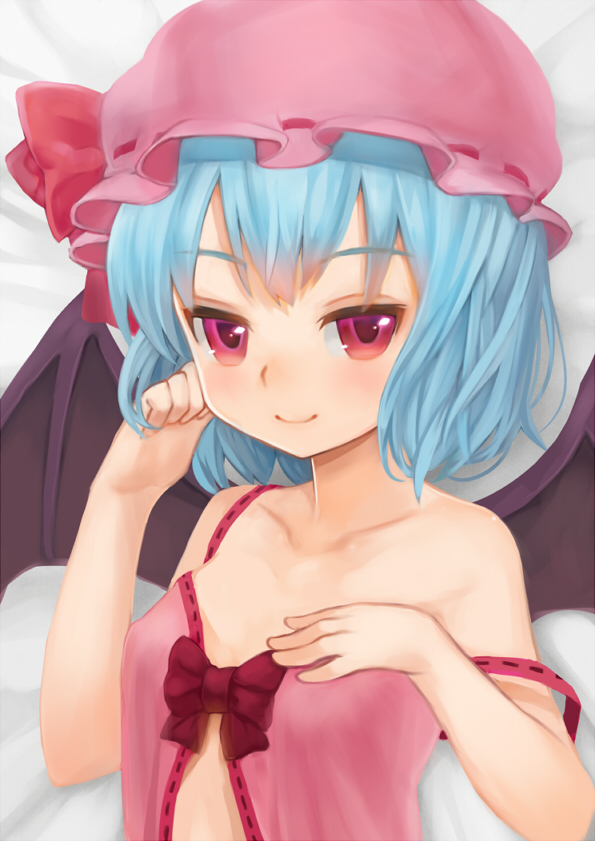 1girl, babydoll, blue_hair, breasts, bust, flat_chest, hand_on_chest, hand_on_own_chest