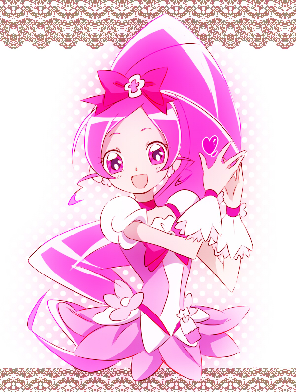 cure_blossom, dress, earrings, flower, hair_ribbon, hanasaki_tsubomi, heart, heartcatch_precure!