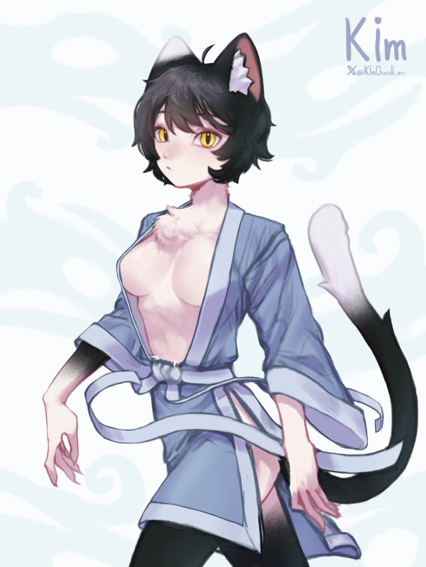 1girl, ahoge, animal_ear_fluff, animal_ears, artist_name, bathrobe, black_hair, breasts