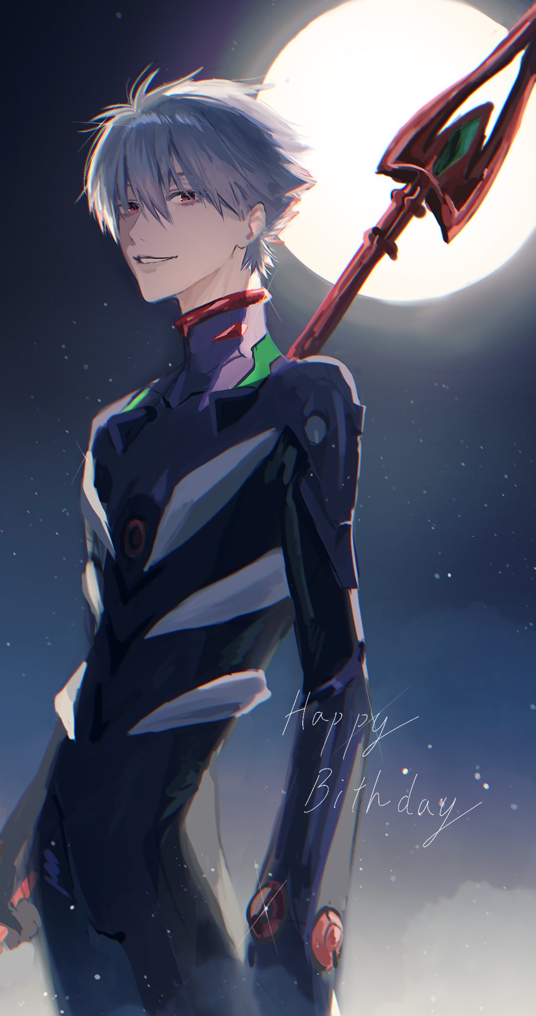 1boy, full_moon, grey_hair, happy_birthday, hashtag-only_commentary, highres, looking_at_viewer, male_focus