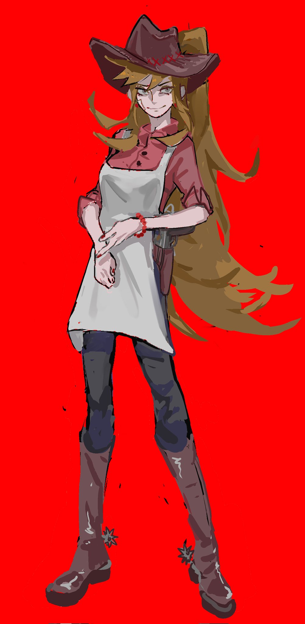 1girl, animification, apron, bandage_on_cheek, black_pants, boots, bracelet, brown_boots