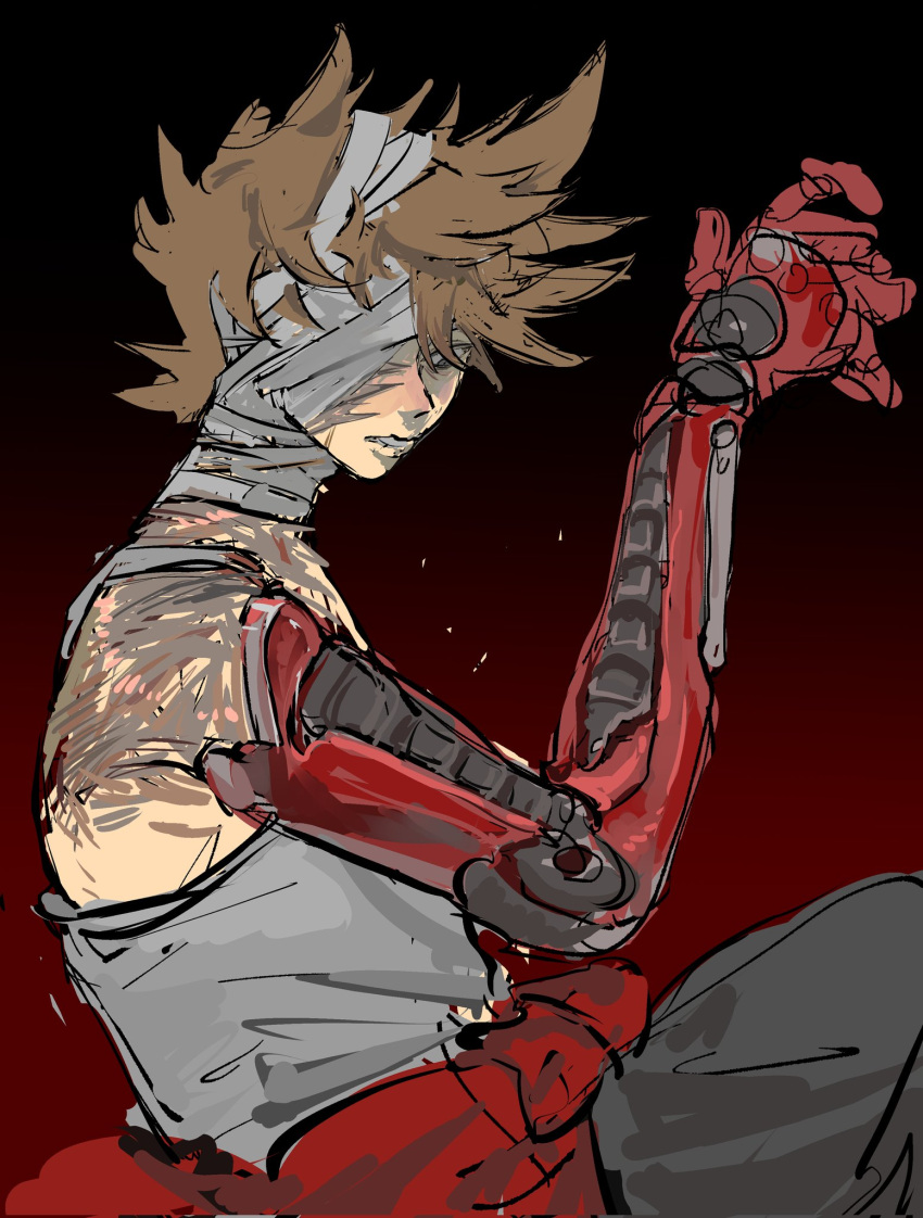 1boy, animification, bandage_over_one_eye, bandaged_neck, bandages, brown_hair, burn_scar, clothes_around_waist