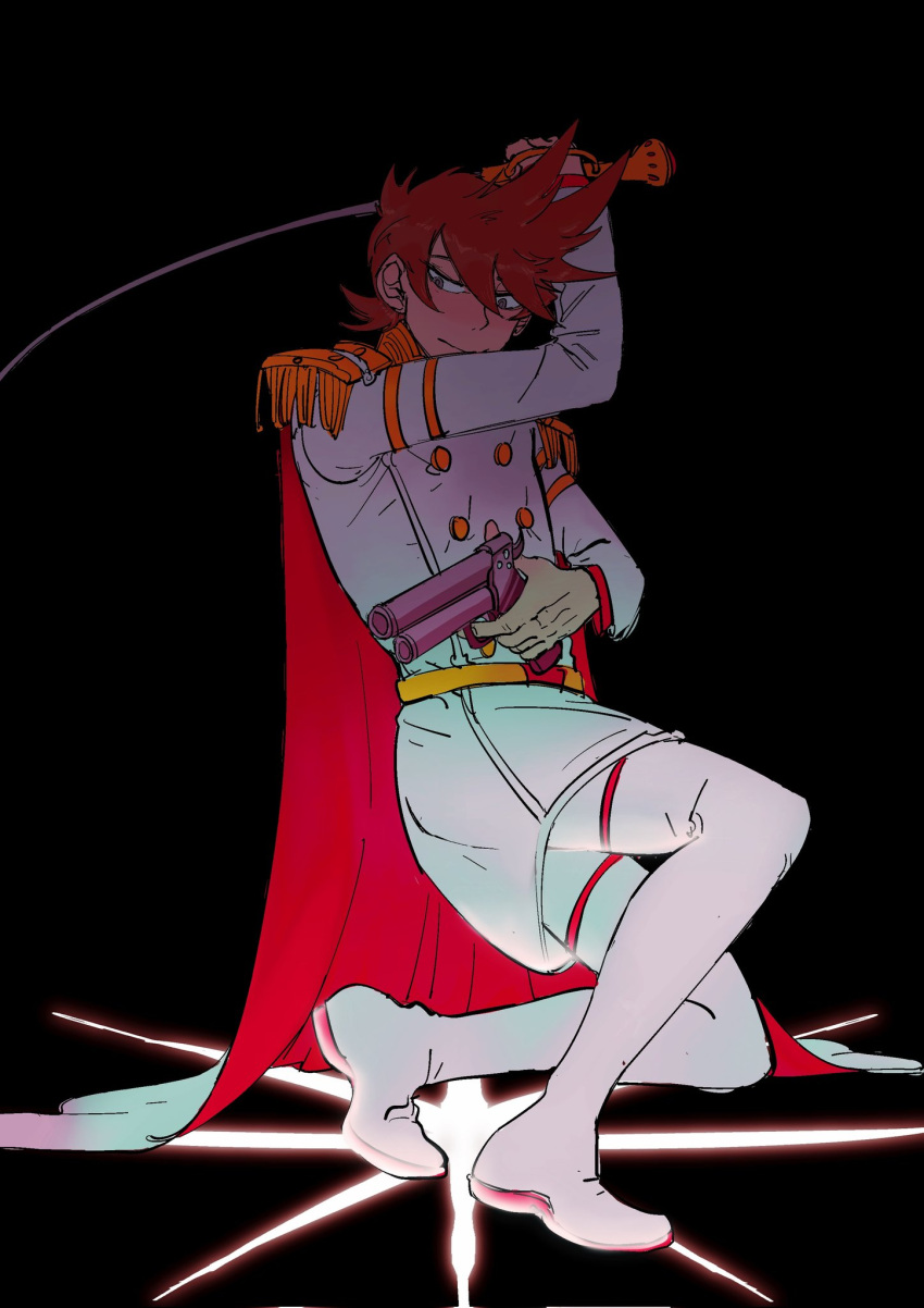 1boy, alternate_costume, animification, antenna_hair, asymmetrical_dual_wielding, belt, black_background, boots