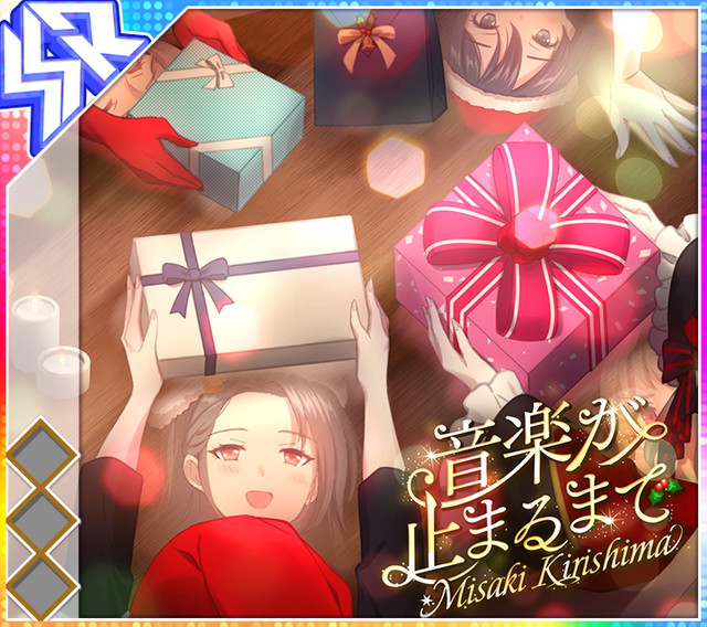 4girls, album_cover, black_bow, black_sleeves, blonde_hair, blue_eyes, blue_hair, blush, bow, brown_hair, candle, character_name, christmas, christmas_present, closed_eyes, cover, dot_nose, frilled_sleeves, frills, from_above, fur-trimmed_headwear, fur_trim, game_cg, gift, gloves, hachikubo_natsu, hand_on_table, hat, holding, holding_gift, holly, ichinose_yukino, idol_wars, kirishima_misaki_(idol_wars), lens_flare, long_hair, multiple_girls, mushanokoji_shizuka, non-circular_lens_flare, official_art, open_mouth, pink_hair, red_eyes, red_gloves, red_hat, reflective_table, santa_hat, smile, sparkle, striped_bow, table, third-party_source, translated, wooden_table