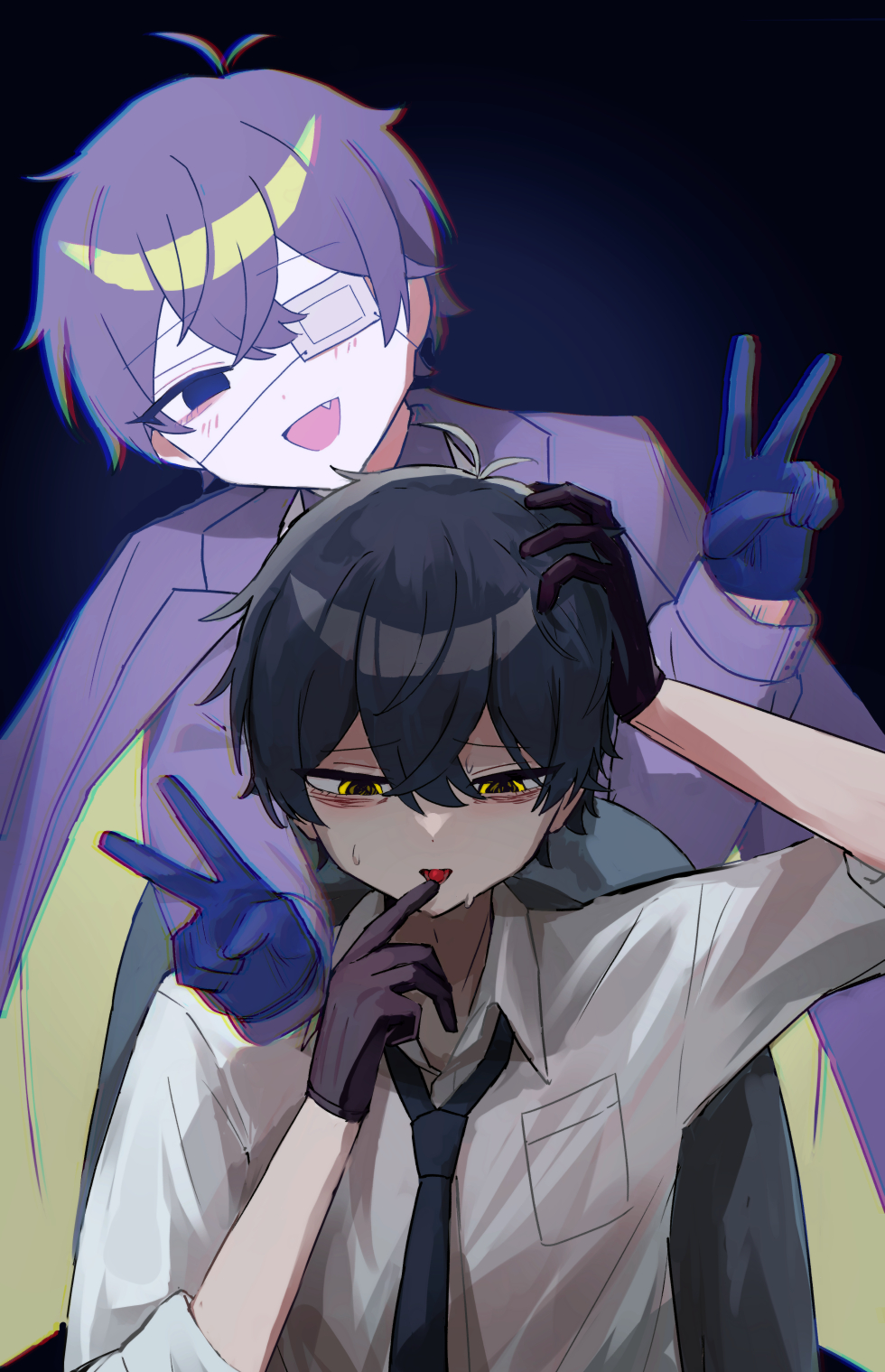 2boys, :d, black_eyes, black_necktie, blue_gloves, blush, collared_shirt, commentary_request
