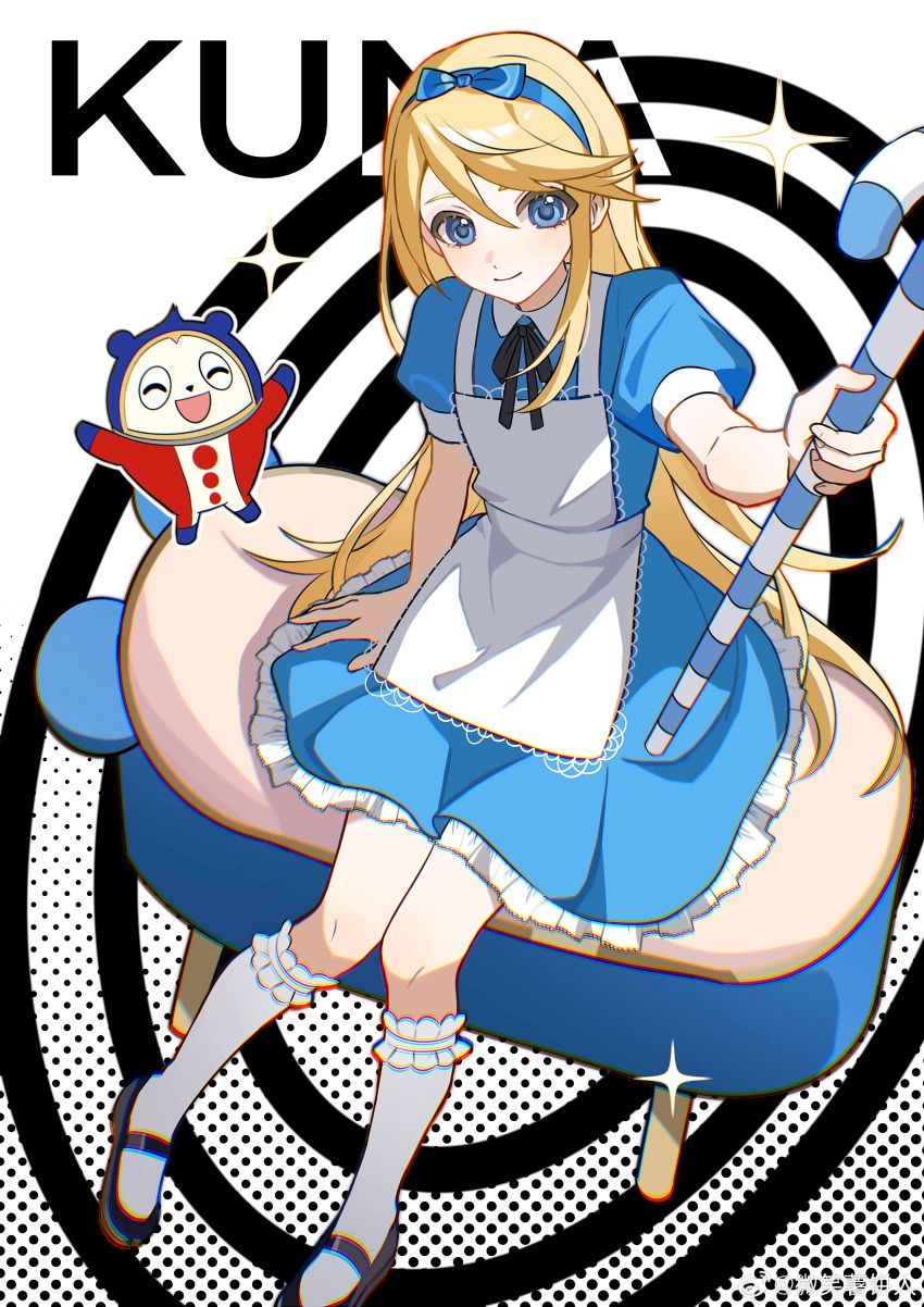 1boy, absurdres, apron, bisho_imobing_hito, black_ribbon, blonde_hair, blue_dress, blue_eyes, blue_hairband, cane, character_name, commentary_request, crossdressing, crossdressing_(mtf), dress, hair_between_eyes, hairband, highres, holding, holding_cane, kuma_(human)_(persona_4), kuma_(persona_4), long_hair, looking_at_viewer, male_focus, persona, persona_4, ribbon, short_sleeves, sitting, socks, solo, trap, white_apron, white_socks