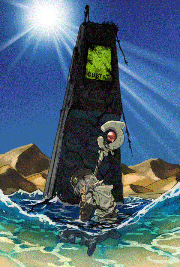 .hack//, .hack//sign, 1boy, artist_name, bar_phone, blue_sky, brown_hat, cellphone, clear_sky, commentary, custat, day, dithering, english_commentary, from_behind, full_body, grey_hair, hat, head_down, holding, holding_staff, hood, hood_down, layered_sleeves, lens_flare, long_sleeves, mage_staff, medium_hair, oversized_object, partially_submerged, phone, sand_dune, shallow_water, short_over_long_sleeves, short_sleeves, sitting, sky, solo, staff, sun, tsukasa_(.hack//), wariza, water
