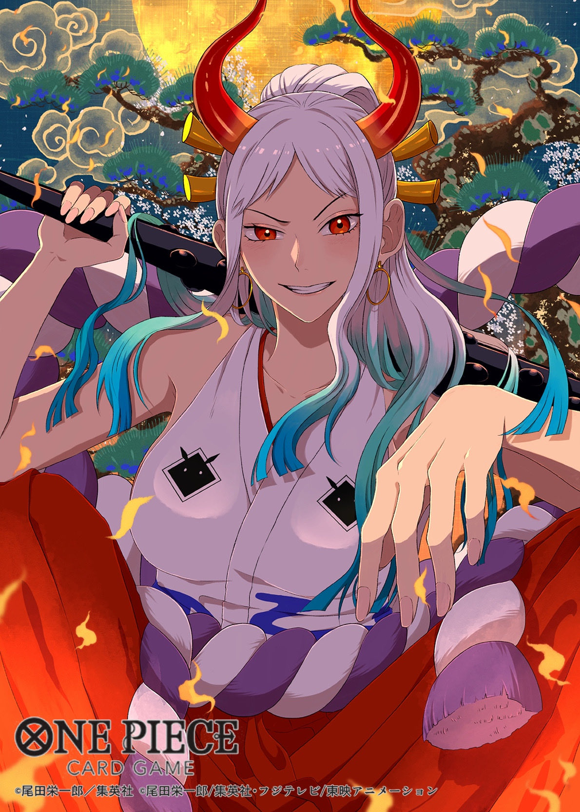 1girl, bare_shoulders, blue_hair, commentary_request, copyright_name, copyright_notice, earrings, embers