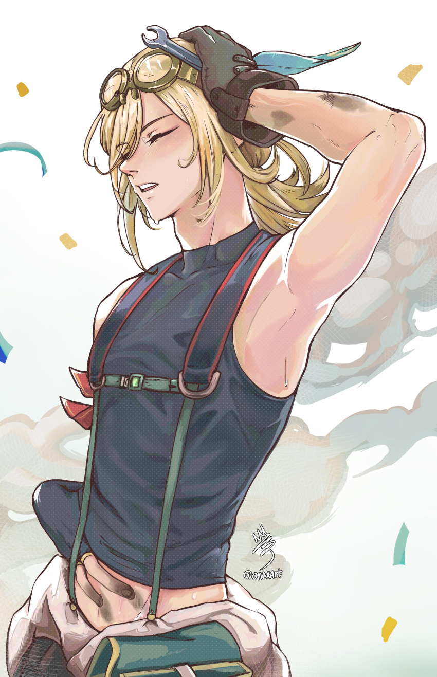 1boy, absurdres, adam's_apple, arm_up, armpits, black_gloves, blonde_hair, commentary