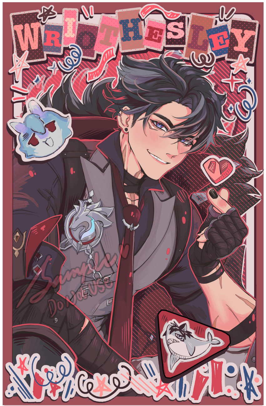 1boy, absurdres, bandaged_neck, bandages, black_bandages, black_gloves, black_hair, black_nails