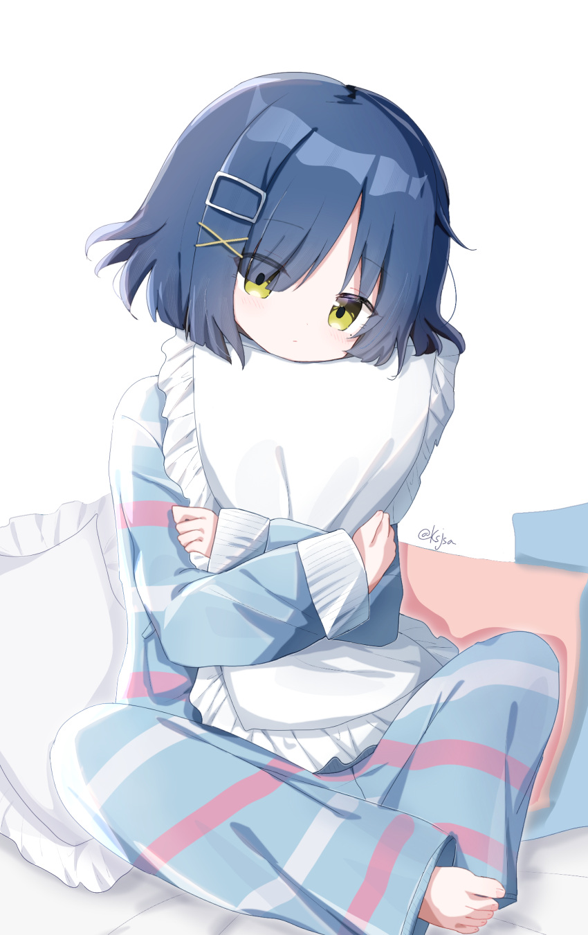 1girl, blue_hair, blue_pajamas, bocchi_the_rock!, chinese_commentary, closed_mouth, commentary, crossed_arms, expressionless, eyes_visible_through_hair, frilled_pillow, frills, full_body, hair_between_eyes, hair_ornament, highres, hugging_object, ksjsa, looking_at_viewer, medium_hair, mole, mole_under_eye, pajamas, pillow, pillow_hug, simple_background, sitting, sleeves_past_wrists, solo, striped_clothes, striped_pajamas, twitter_username, white_background, x_hair_ornament, yamada_ryo, yellow_eyes