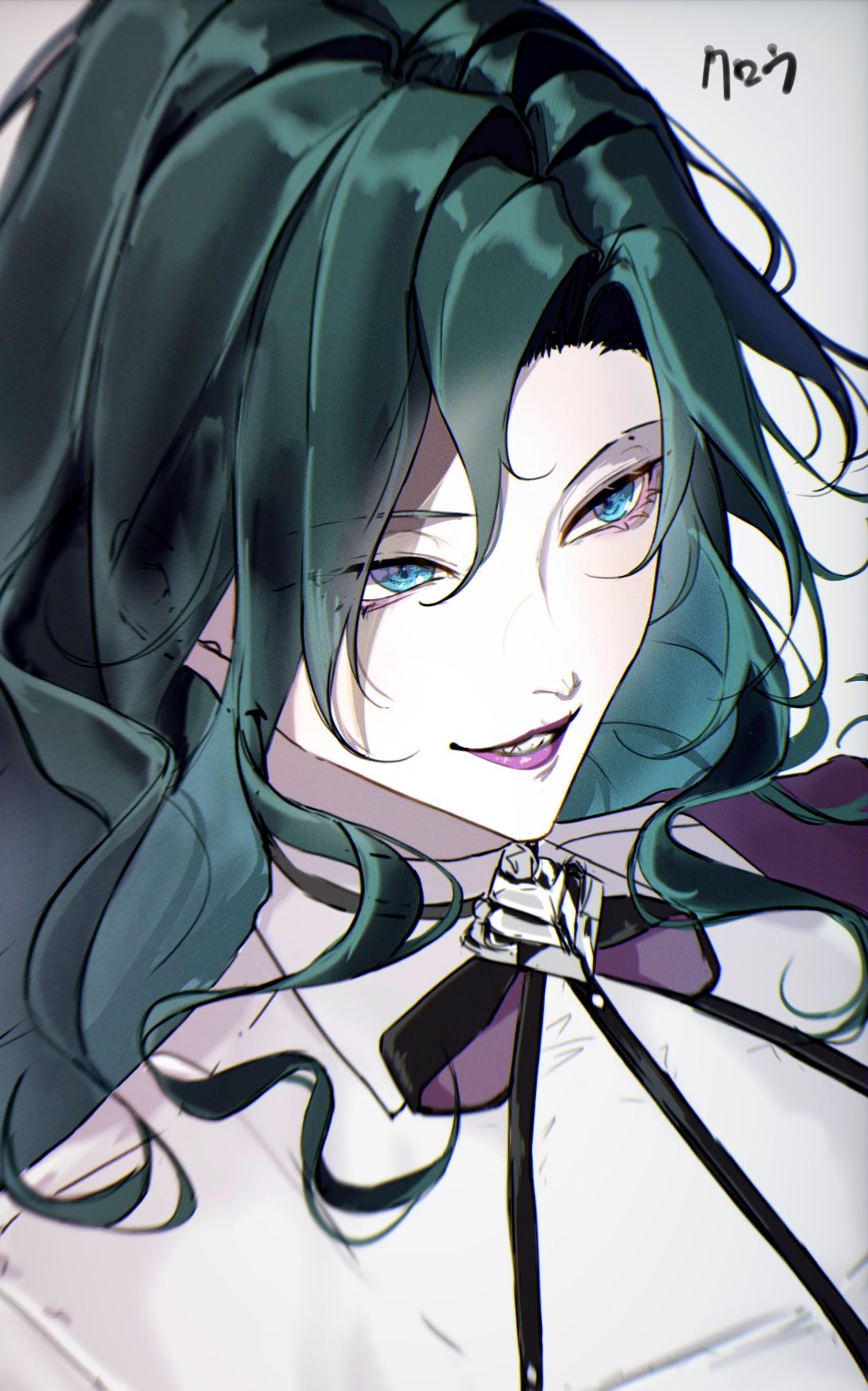 1girl, blue_eyes, brooch, character_name, commentary_request, eyeliner, green_hair, grey_background, hair_between_eyes, highres, jagan_(maximum_jagan), jewelry, looking_ahead, makeup, mole, mole_above_eye, parted_lips, path_to_nowhere, purple_eyeliner, purple_lips, raven_(path_to_nowhere), scar, scar_across_eye, scar_on_face, sharp_teeth, simple_background, smile, solo, teeth, upper_body